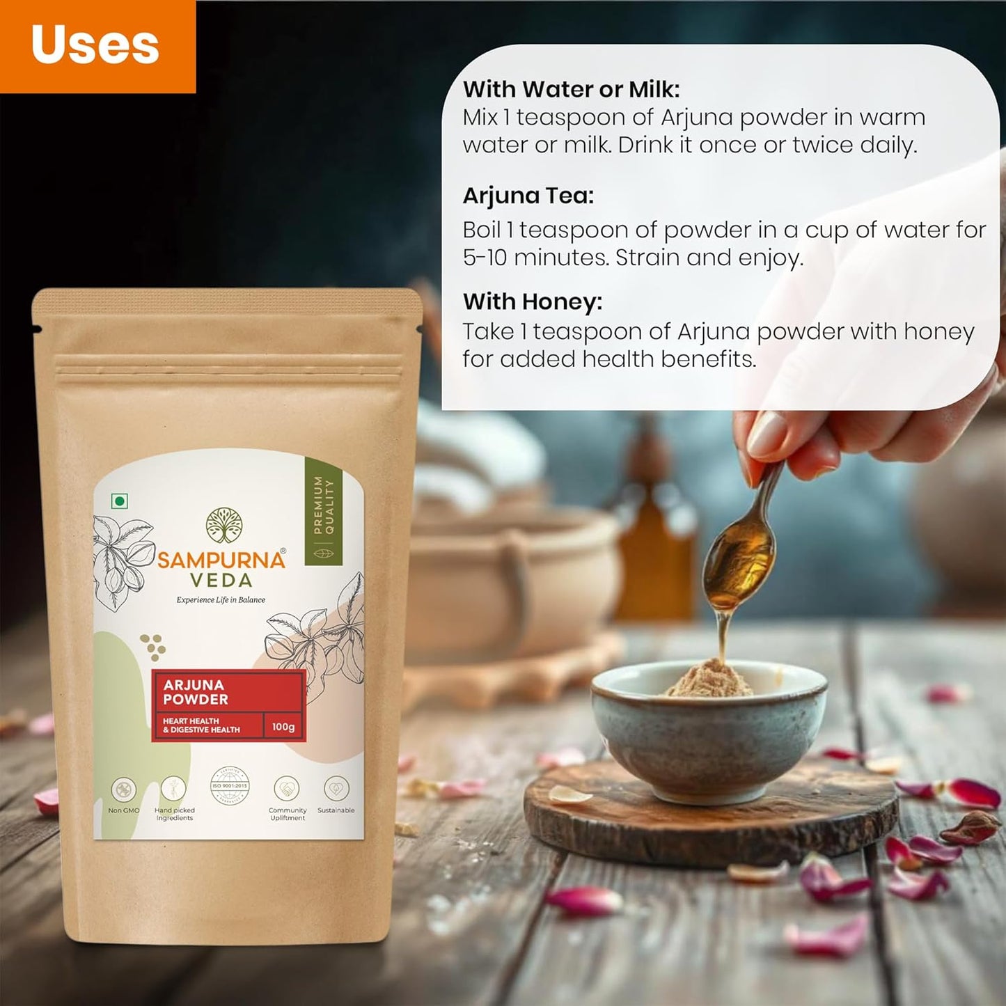 SampurnaVeda 100% Natural Arjun Ki Chaal Powder 100 gm Finely Ground and Additive-Free Arjuna Bark Powder