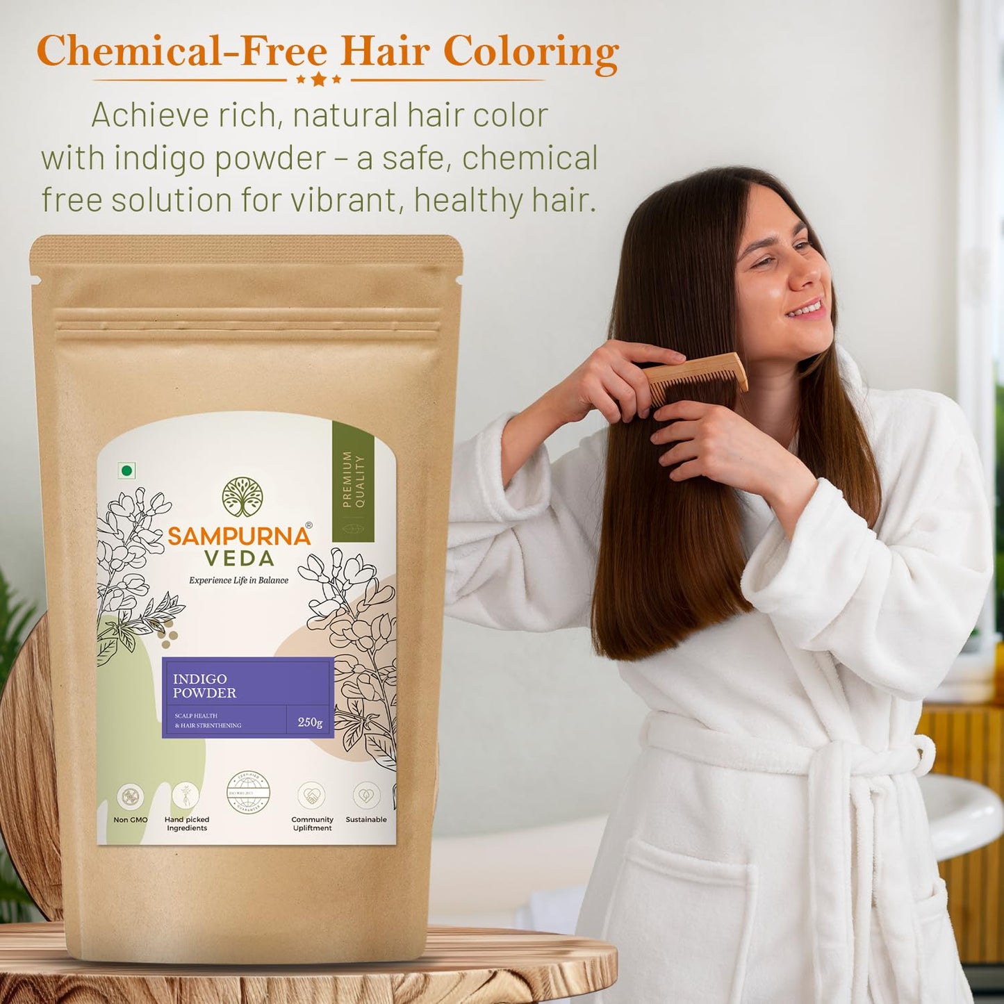 SampurnaVeda Indigo Powder 250 gm Natural Hair Coloring Powder Chemical-Free and Pure Suitable for Hair Care and Natural Dyeing