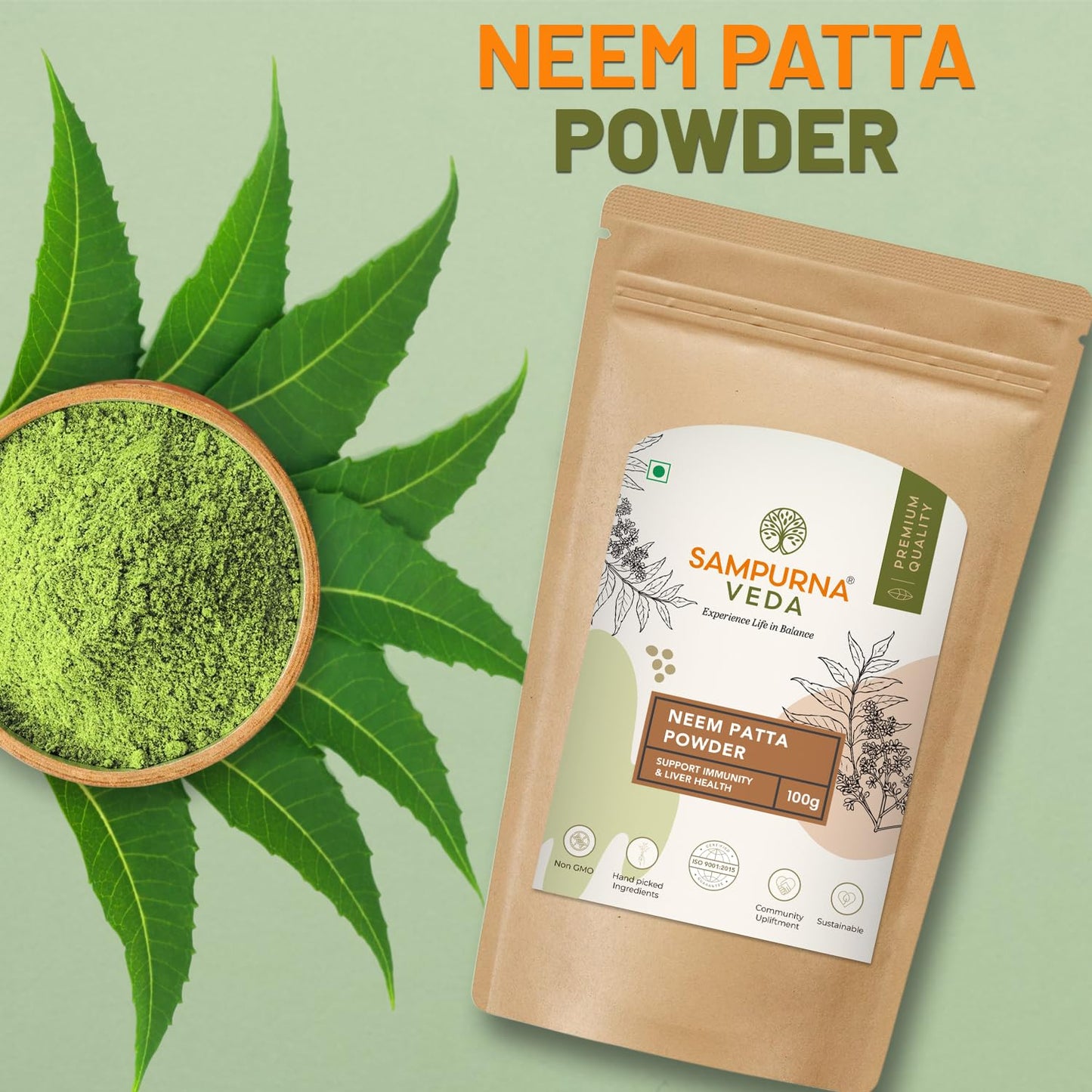 SampurnaVeda Neem Leaves Powder 100 gm Pure and Chemical-Free Finely Ground Neem Leaf Powder Ideal for Skin Hair and DIY Recipes