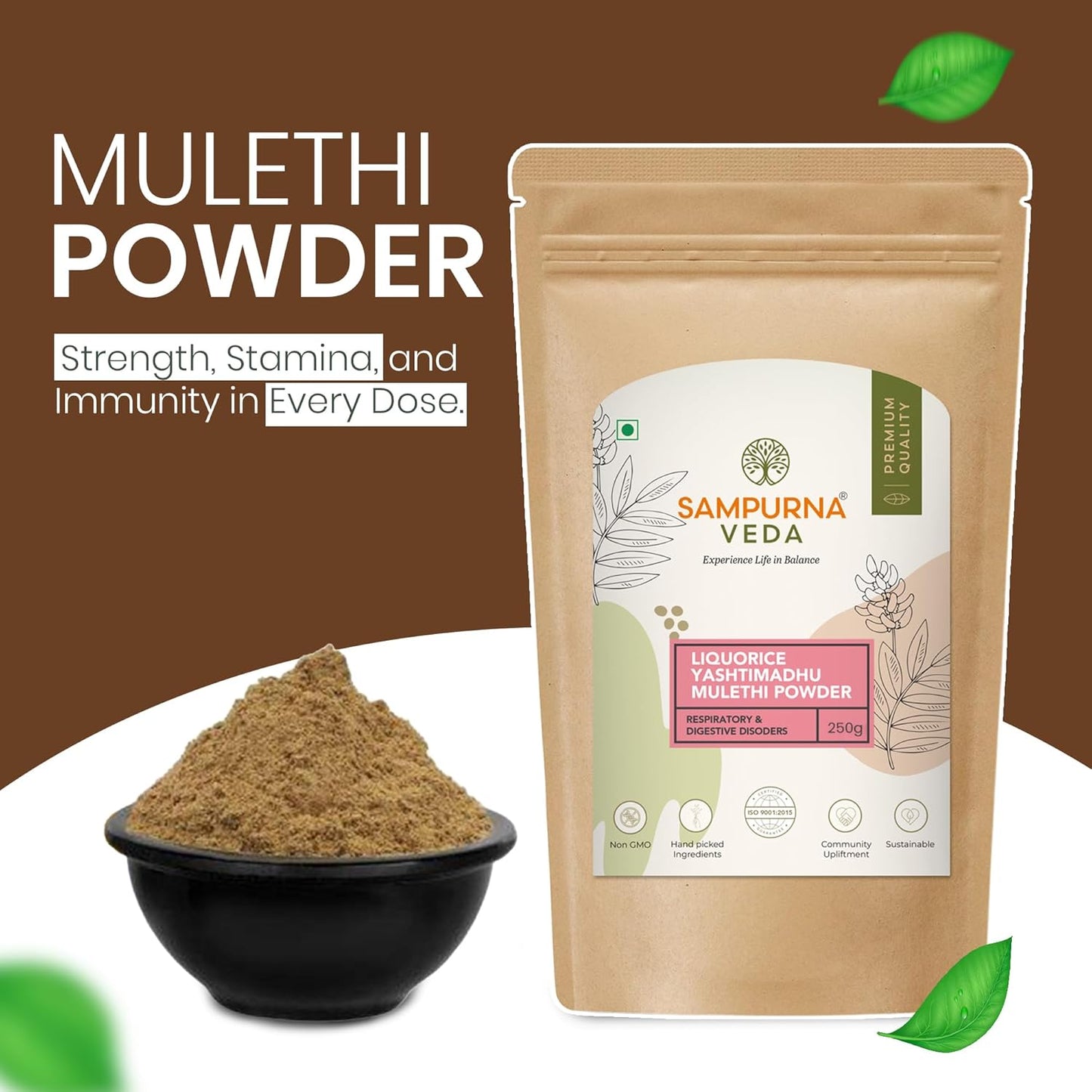 SampurnaVeda Pure Mulethi Powder 250 gm Finely Ground Natural and Additive-Free Licorice Root Powder Ideal for Skin Hair and DIY Recipes