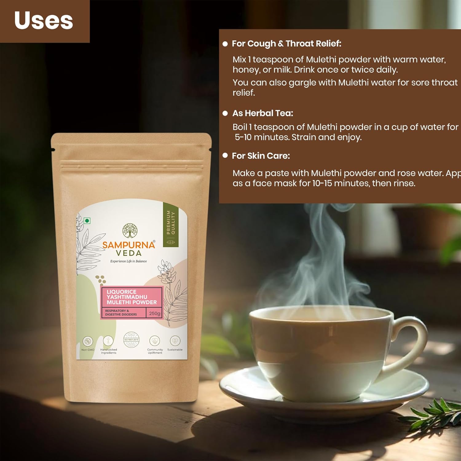 SampurnaVeda Pure Mulethi Powder 250 gm Finely Ground Natural and Additive-Free Licorice Root Powder Ideal for Skin Hair and DIY Recipes