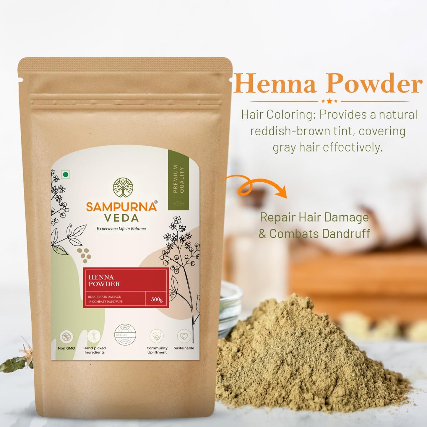 SampurnaVeda 100% Natural and Pure Henna Powder for Hair Growth 500 gm Free from Preservatives & Chemicals