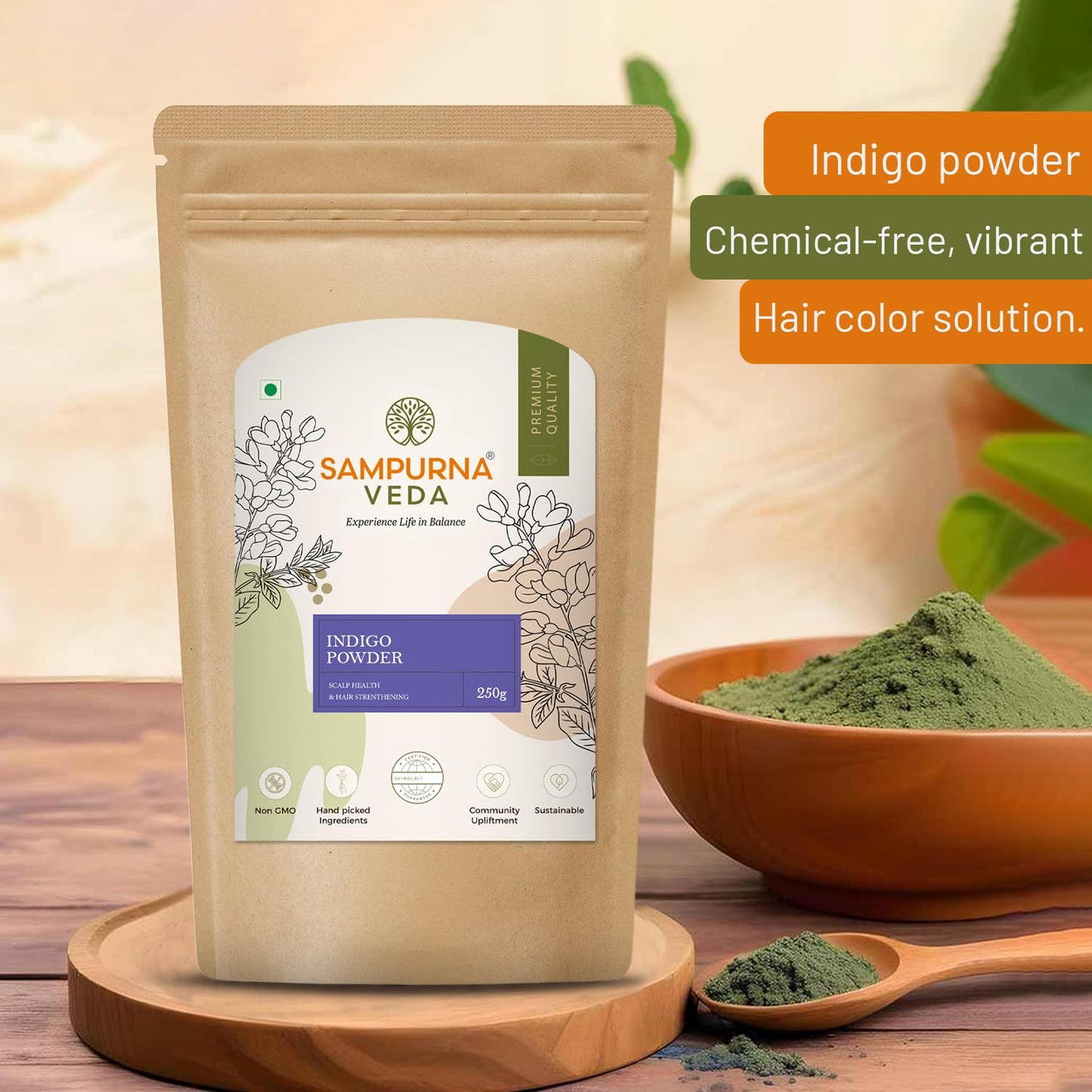 SampurnaVeda Indigo Powder 250 gm Natural Hair Coloring Powder Chemical-Free and Pure Suitable for Hair Care and Natural Dyeing