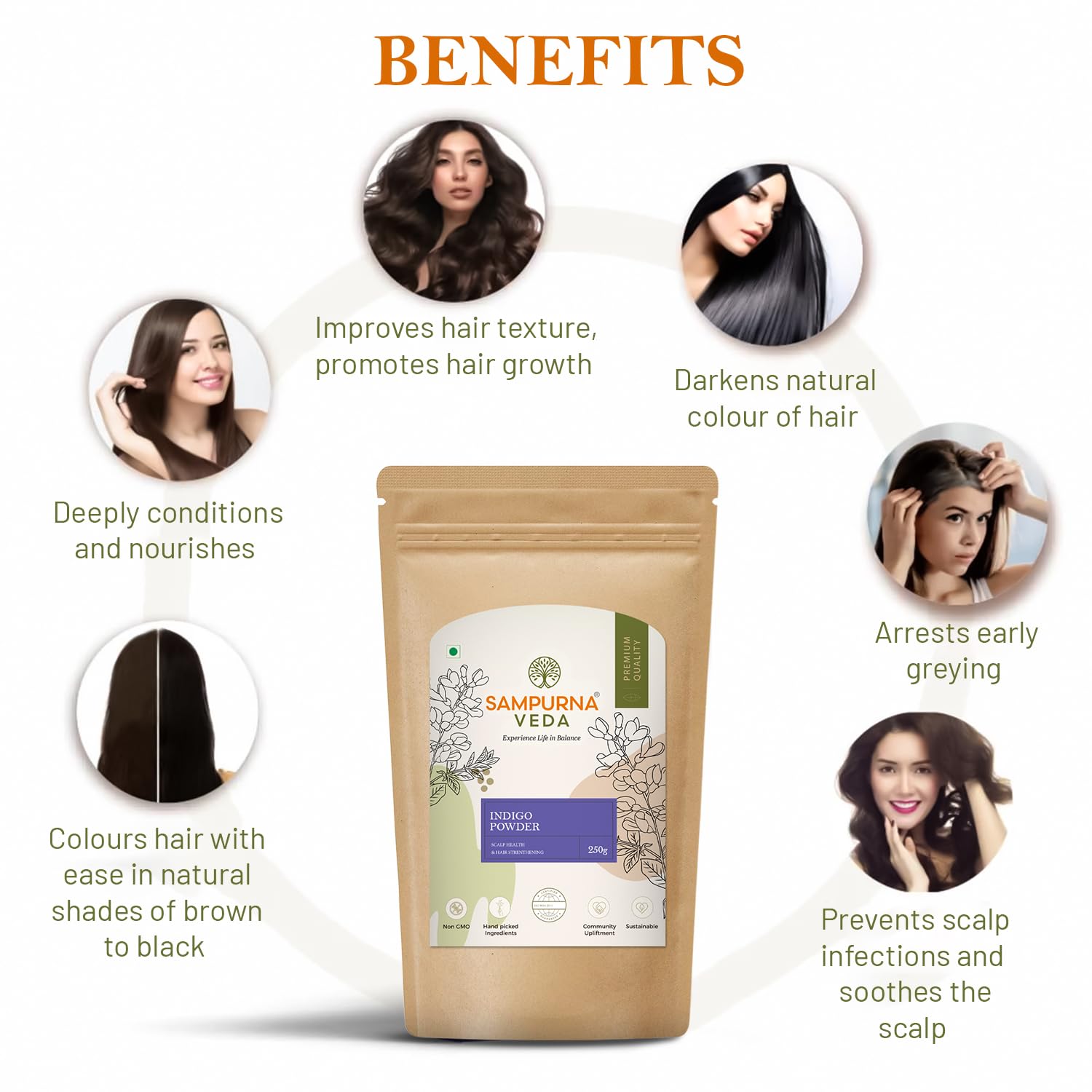 SampurnaVeda Indigo Powder 250 gm Natural Hair Coloring Powder Chemical-Free and Pure Suitable for Hair Care and Natural Dyeing
