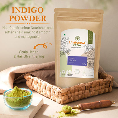 SampurnaVeda Indigo Powder 250 gm Natural Hair Coloring Powder Chemical-Free and Pure Suitable for Hair Care and Natural Dyeing