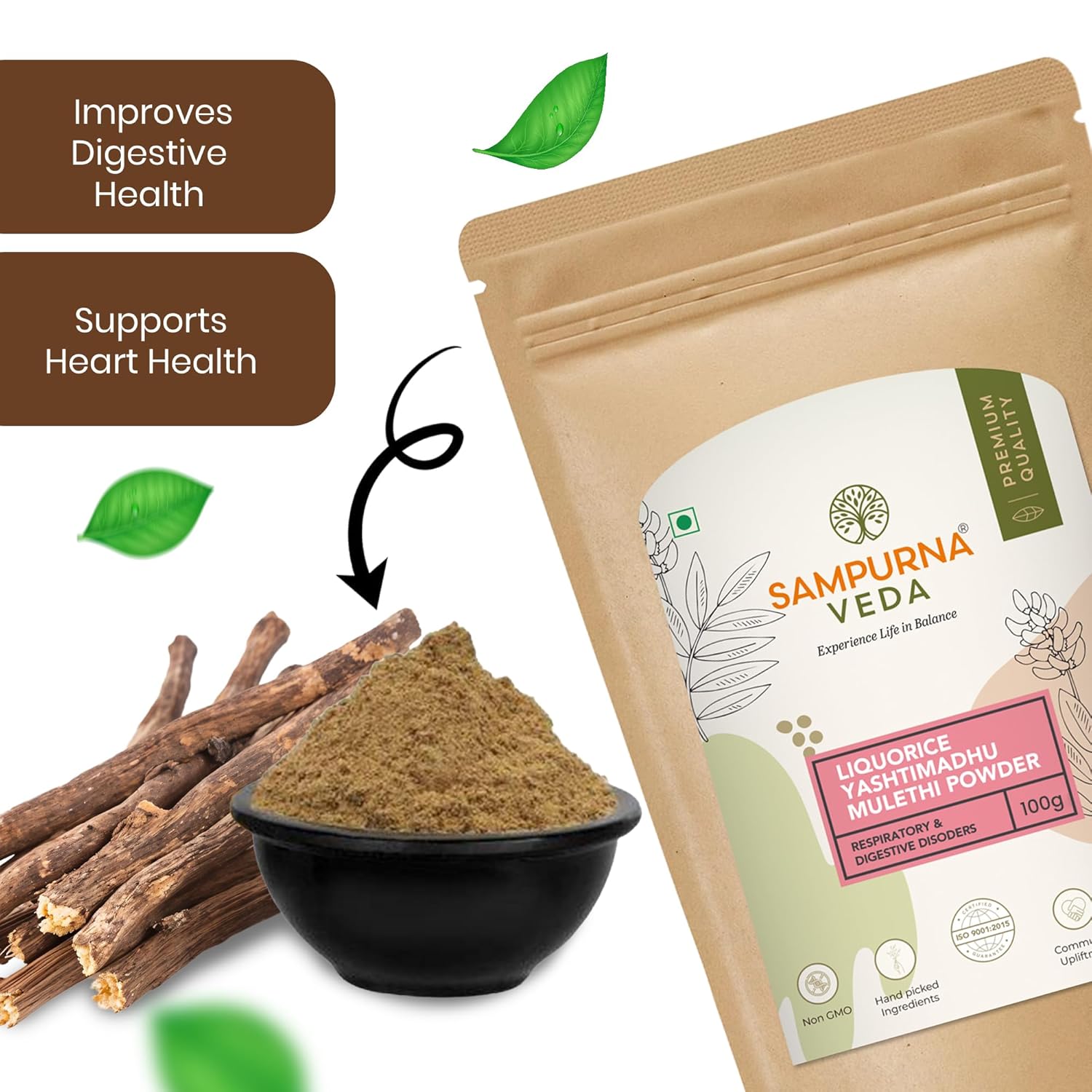 SampurnaVeda Pure Mulethi Powder 100 gm Finely Ground Natural and Additive-Free Licorice Root Powder Ideal for Skin Hair and DIY Recipes