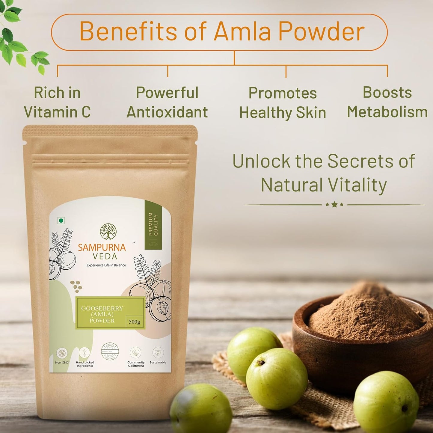 SampurnaVeda 100% Natural Amla Powder for Hair Growth 500 gm Rich in Vitamin C for Overall Wellness Preservatives Free Gooseberry Powder for Eating