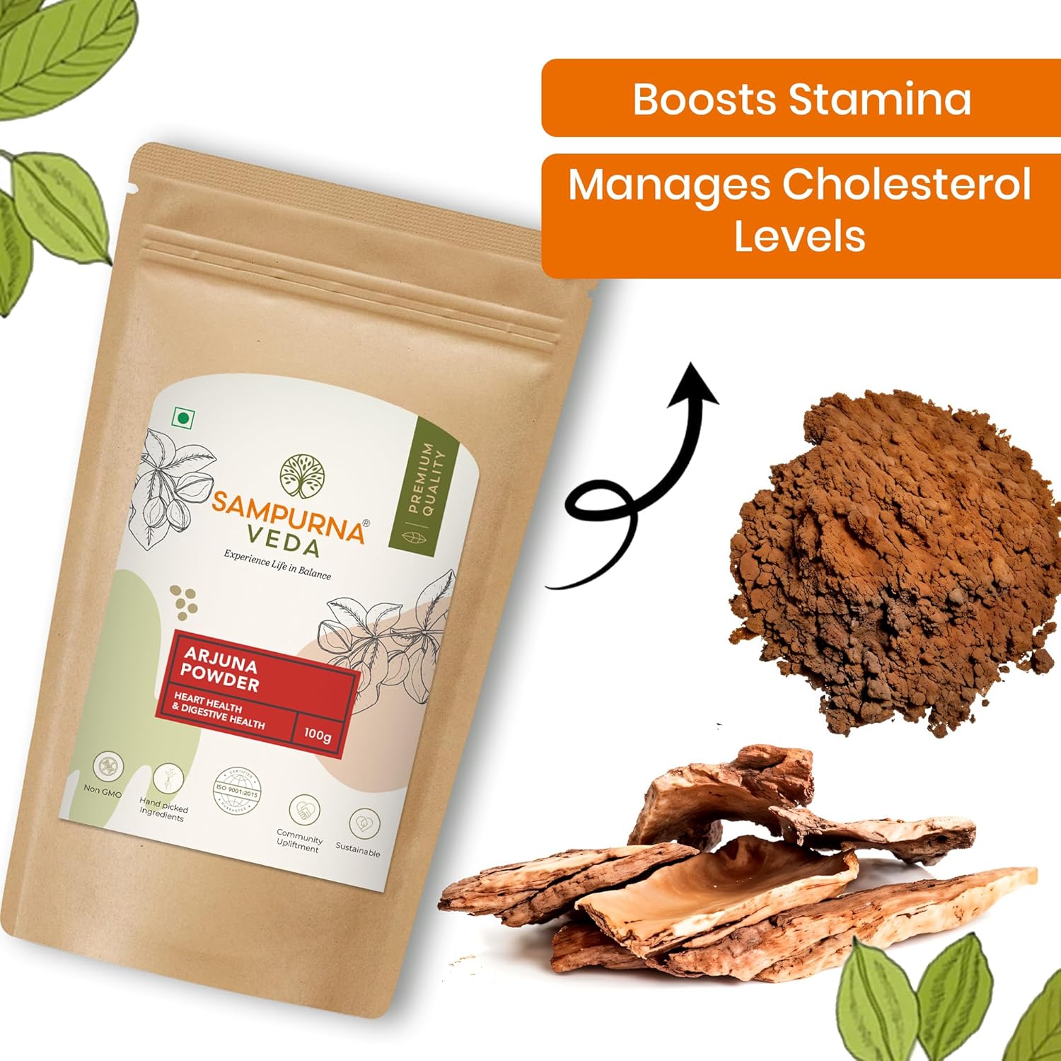 SampurnaVeda 100% Natural Arjun Ki Chaal Powder 100 gm Finely Ground and Additive-Free Arjuna Bark Powder