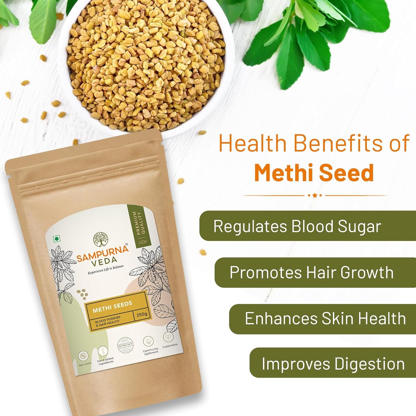 SampurnaVeda Raw Methi Dana Seeds 250 gm Nutrient-Rich Fenugreek Seeds for Cooking Hair Care and Health with No Additives