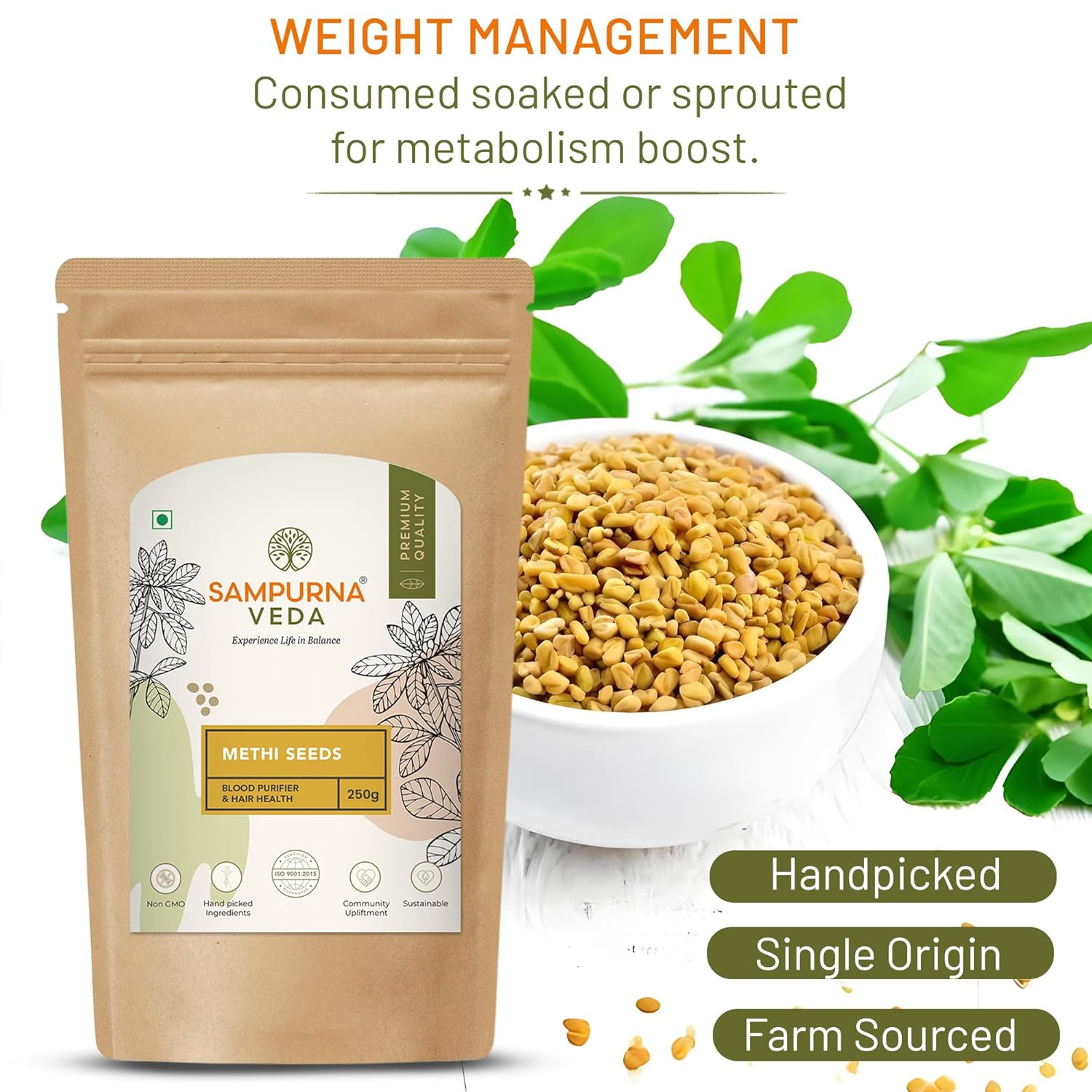 SampurnaVeda Raw Methi Dana Seeds 250 gm Nutrient-Rich Fenugreek Seeds for Cooking Hair Care and Health with No Additives