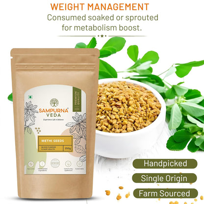 SampurnaVeda Raw Methi Dana Seeds 250 gm Nutrient-Rich Fenugreek Seeds for Cooking Hair Care and Health with No Additives